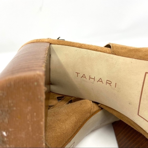 Tahari Marvel Suede British Tan Wood Stack Heel Sandals Maple - Picture 10 of 10